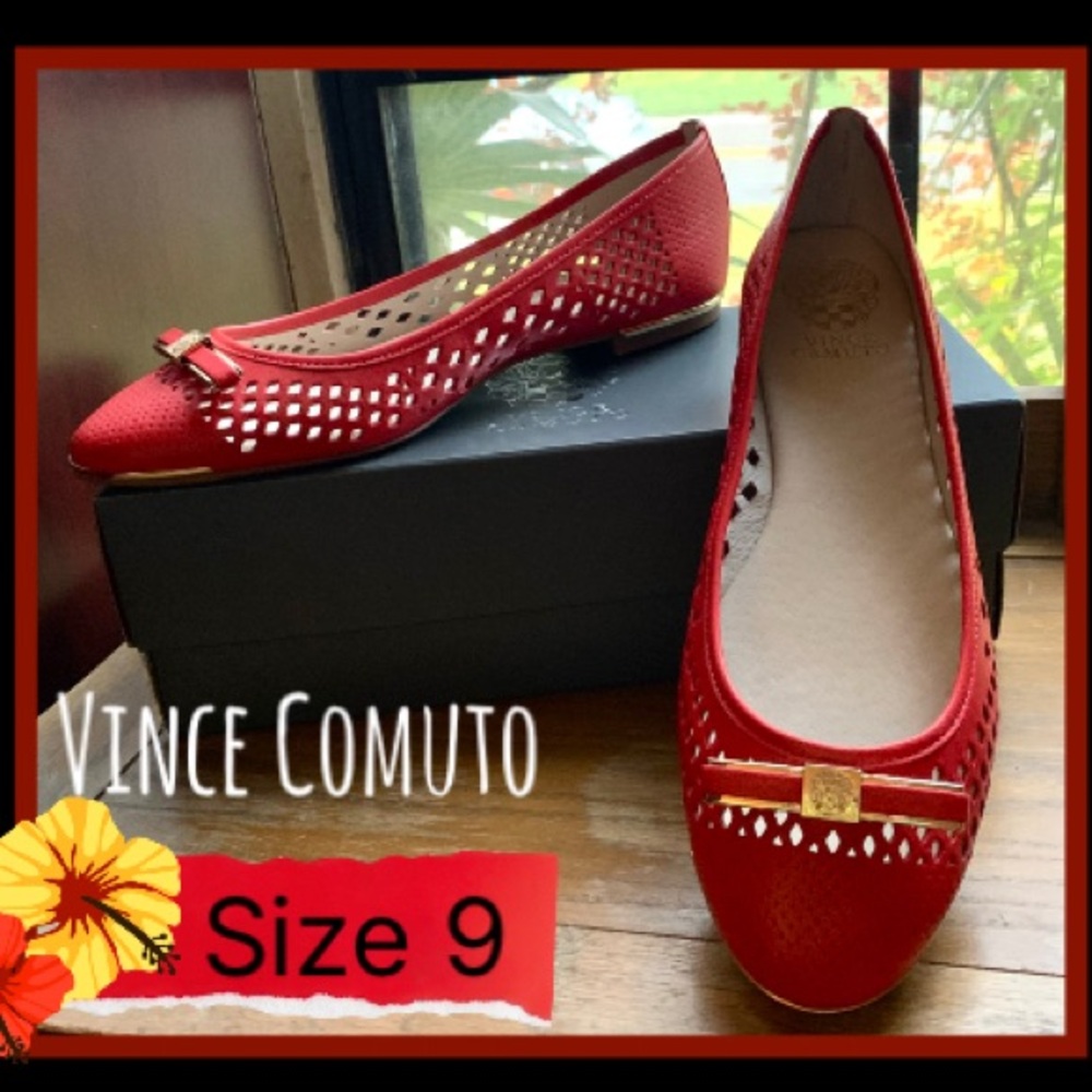 Vince Camuto Red Perforated Pointed Toe Ballet Flats with Gold Accent